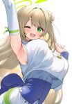  1girl arm_up armpits blue_archive blush breasts detached_sleeves green_eyes green_halo halo large_breasts light_brown_hair long_hair looking_at_viewer nonomi_(blue_archive) official_alternate_costume one_eye_closed open_mouth simple_background smile solo upper_body ushimittsu white_background 