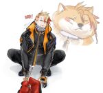  1boy absurdres animalization axel_syrios black_jacket black_pants black_shirt blonde_hair braid collar english_text gloves highres holostars holostars_english hyde_(tabakko) jacket leash long_sleeves meme multicolored_hair pants pulling red_hair shiba_inu shirt single_braid sketch squatting two-tone_hair virtual_youtuber white_background 