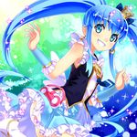  blue_eyes blue_hair buntan crown cure_princess frills grin happinesscharge_precure! highres long_hair magical_girl mini_crown necktie precure shirayuki_hime skirt smile solo sparkle twintails 