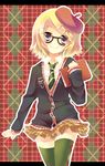  amamine bad_id bad_pixiv_id beret bespectacled blonde_hair blue_eyes book glasses hair_ornament hairclip hat holding kagamine_rin looking_at_viewer necktie pleated_skirt school_uniform short_hair skirt smile solo thighhighs vocaloid zettai_ryouiki 