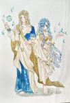  1boy 1girl 37_(reverse:1999) 6_(reverse:1999) absurdres ancient_greek_clothes armlet bare_shoulders barefoot blonde_hair blue_eyes blue_hair circlet curly_hair full_body gold_choker greco-roman_clothes hair_over_one_eye hand_up hexagon highres himation holding_hands long_hair looking_at_viewer painting_(medium) reverse:1999 smile toga traditional_media triangle very_long_hair watercolor_(medium) yunmu_chulan 