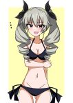  1girl absurdres anchovy_(girls_und_panzer) ass_visible_through_thighs bikini black_bikini black_ribbon blush breasts cleavage commentary cowboy_shot drill_hair girls_und_panzer green_hair groin hair_ribbon halterneck hand_on_own_ass highres long_hair looking_at_viewer medium_breasts motti_(motthi0711) open_mouth red_eyes ribbon side-tie_bikini_bottom smile solo standing sweatdrop swimsuit twin_drills twintails yellow_background 