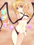  :3 armpits arms_behind_head asymmetrical_wings bad_id bad_pixiv_id bikini black_bikini blonde_hair breasts come_hither fang fang_out flandre_scarlet highres looking_at_viewer lying medium_breasts micro_bikini o-ring o-ring_bikini on_back red_eyes short_hair side_ponytail slit_pupils smile solo swimsuit tenneko_yuuri touhou wings 