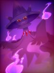  :3 chest_jewel colored_sclera commentary dutch_angle fire floating full_body gem hat highres looking_down mismagius no_humans open_mouth pokemon pokemon_(creature) purple_background purple_fire purple_headwear purple_theme red_eyes red_gemstone rize_(r) solo straight-on witch_hat yellow_sclera 