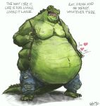 alligator alligatorid anthro aokamidu belly belly_overhang belly_pat big_belly clothing crocodilian english_text huge_belly male moobs overalls overalls_only overweight overweight_anthro overweight_male pecs reptile scalie solo standing text