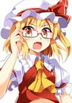  ascot bespectacled blonde_hair blush e.o. fang flandre_scarlet glasses hat highres no_wings open_mouth red_eyes short_hair side_ponytail simple_background smile solo touhou white_background 