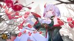  1girl absurdres bare_shoulders benghuai_xueyuan breasts character_request china_dress chinese_clothes copyright_name detached_sleeves dress flower gloves highres holding honkai_(series) logo long_hair official_art red_hair second-party_source sitting tree 