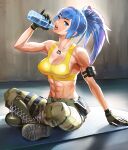  arm_pouch biceps blue_eyes blue_hair boots bottle camouflage camouflage_pants cargo_pants combat_boots crop_top drinking earrings highres holding holding_bottle jewelry leona_heidern muscular muscular_female on_ground pants plastic_bottle ponytail sitting soldier tank_top the_king_of_fighters the_king_of_fighters_xv triangle_earrings water_bottle yellow_tank_top yukinoshinf yukinoshinf/ 