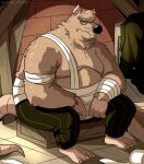 2024 3_toes anthro bandage belly big_belly black_nose bottomwear brown_body brown_fur clothing detailed_background feet fur john_vithor male mammal moobs murid murine overweight overweight_male pants rat rodent sitting solo toes