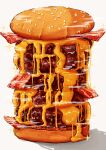  absurdres bacon bread burger cheese fast_food food food_focus highres kaneko_ryou meat no_humans original sesame_seeds still_life 
