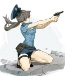  1girl aiming bare_arms belt belt_pouch bike_shorts bike_shorts_under_skirt black_footwear blue_headwear blue_shirt blue_sky breast_pocket breasts crack cracked_floor finger_on_trigger floating_hair from_side full_body grey_hair gun handgun hat hat_loss head_tilt high_heels highres holding holding_gun holding_weapon kimura_731 kneeling long_hair looking_ahead miniskirt original outstretched_arms pencil_skirt pocket police police_hat police_uniform policewoman ponytail pouch s&amp;w_m10 shirt short_sleeves skindentation skirt sky small_breasts solo sweat thigh_strap undershirt uniform unworn_hat unworn_headwear upskirt weapon white_background yellow_eyes 