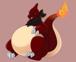 2022 alex_charmeleon anthro belly big_belly biped black_kerchief black_neckerchief charmeleon claws digital_drawing_(artwork) digital_media_(artwork) eyes_closed fan_character fangs feet finger_claws fire flaming_tail generation_1_pokemon hand_on_stomach hi_res kerchief long_tail male multicolored_body neckerchief nintendo obese obese_anthro obese_male open_mouth open_smile overweight overweight_anthro overweight_male pokemon pokemon_(species) red_body reptile scalie semi-anthro simple_background sitting smile solo tail tan_background tan_belly tan_body teeth three-quarter_view toe_claws two_tone_body xeniyy