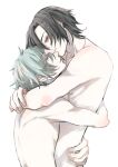  2boys akira_(togainu_no_chi) blue_eyes cross cross_necklace from_side grey_hair hair_between_eyes half-closed_eyes highres hug implied_nudity jewelry looking_at_viewer male_focus multiple_boys necklace pale_skin profile red_eyes shiki_(togainu_no_chi) short_hair sketch togainu_no_chi tomikko topless_male upper_body white_background white_theme yaoi 