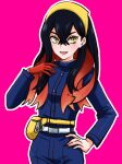  1girl :d black_hair blue_jacket blue_pants blueberry_academy_school_uniform carmine_(pokemon) crossed_bangs eyelashes fanny_pack gloves hair_between_eyes hairband hand_on_own_hip highres jacket long_hair long_sleeves looking_at_viewer mole mole_under_eye multicolored_hair open_mouth pants pink_background pokemon pokemon_sv red_gloves red_hair school_uniform single_glove smile solo two-tone_hair umehime yellow_hairband 