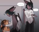 anotherpic anthro bat blood bodily_fluids dark_hair deer duo female hi_res leaf-nosed_bat male male/female mammal microbat simple_background speech_bubble stunned text vampire vampire_bat yangochiropteran