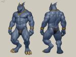 abs absurd_res aduran anthro biceps biped blue_body bracelet bulge butt claws digitigrade finger_claws hi_res jewelry male muscular muscular_anthro muscular_male navel nipples pecs scalie simple_background toe_claws