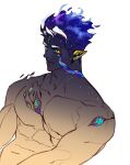  1boy abs ao_n_shiro bara demon_boy extra_eyes facial_hair fiery_hair from_side glowing glowing_eyes large_pectorals light_smile lip_piercing looking_ahead male_focus monster_boy multicolored_hair muscular muscular_male no_nipples nude original pectorals piercing pointy_ears shaded_face short_hair sideburns_stubble solo streaked_hair stubble third_eye third_eye_on_arm third_eye_on_chest too_many_eyes upper_body v-taper 