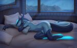 anthro bed black_body breasts butt detailed_background digital_media_(artwork) eyes_closed female furniture hi_res holding_object inside jakeseeker lying navel nude on_bed on_side pillow pillow_hug raining rasha sleeping smile solo tail unknown_species weather white_body window