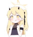  +_+ 1girl black_dress black_horns blonde_hair blue_archive blush closed_mouth demon_horns dress halo horns ibuki_(blue_archive) long_hair pointy_ears side_ponytail simple_background sleeveless sleeveless_dress smile solo supersugar tongue tongue_out upper_body white_background yellow_eyes yellow_halo 