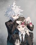  2boys :d ahoge black_jacket black_necktie blood blood_on_face brown_eyes brown_hair brown_jacket chain collared_shirt cowboy_shot danganronpa_(series) danganronpa_3_(anime) danganronpa_another_episode:_ultra_despair_girls grey_background grey_hair hair_between_eyes highres hinata_hajime jacket komaeda_nagito messy_hair multiple_boys necktie pink_ribbon qing_bie_gou_jiao ribbon scar shirt short_hair smile teeth tongue upper_body white_shirt 