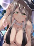  1girl aquila_(a_sip_of_sardegnian_elegance)_(azur_lane) aquila_(azur_lane) azur_lane bikini black_bikini blurry blurry_background breasts choker cleavage commentary_request green_eyes grey_hair hair_between_eyes hand_in_own_hair hat highres large_breasts long_hair official_alternate_costume smile solo sun_hat swimsuit tonchinkan white_choker white_headwear 