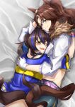  2girls ;) absurdres animal_ears belt blue_hair blue_shirt bracelet breasts brown_hair cellphone crop_top daitaku_helios_(umamusume) ear_covers green_eyes green_skirt groin gyaru highres holding holding_phone horse_ears horse_girl horse_tail hug jacket jewelry long_hair long_sleeves luna_(gkluna_mas) medium_breasts mejiro_palmer_(umamusume) multicolored_hair multiple_girls navel necklace on_bed one_eye_closed phone selfie shirt short_shorts shorts simple_background skirt smartphone smile streaked_hair tail tail_wrap tied_shirt two-tone_hair umamusume white_background white_hair white_jacket yellow_belt yellow_eyes yellow_shirt 