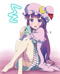  bad_id bad_nicoseiga_id blush book crossed_legs drooling hat knees_to_chest kochiya_sanae long_hair looking_at_viewer open_mouth pantyhose pantyhose_pull patchouli_knowledge purple_eyes purple_hair sitting solo surprised touhou umakuchi_shouyu white_legwear 