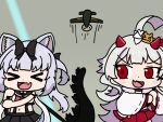  &gt;_&lt; 2girls :d aircraft azur_lane black_bow black_skirt bow chibi chibi_only fang godzilla_minus_one hair_bow hibiki_(azur_lane) horns long_hair midriff miniskirt multiple_girls pleated_skirt red_skirt shouchan_(forte371) skin_fang skirt smile white_hair xd yukikaze_(azur_lane) 