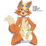 1:1 animal_crossing anthro audie_(animal_crossing) blush canid canine canis clothed clothing coopitchu dialogue diaper diaper_only english_text eyewear eyewear_on_head female hand_on_diaper hi_res kneeling mammal nintendo open_mouth smile solo sunglasses sunglasses_on_head teeth text topless touching_diaper underwear wolf