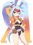  1girl absurdres animal_ears arm_behind_back ashe_(mega_man) black_leotard blue_hair blush breasts cleavage cropped_jacket green_eyes hand_on_own_hip high_ponytail highres jacket leotard light_blue_hair long_hair medium_breasts mega_man_(series) mega_man_zx mega_man_zx_advent one_eye_closed orange_jacket playboy_bunny rabbit_ears revealing_clothes solo thighs tongue tongue_out zerokun135 
