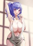  1girl absurdres areola_slip argyle argyle_cutout arm_behind_head arm_up armpits azur_lane backless_dress backless_outfit blue_hair blue_nails breasts clothing_cutout dress evening_gown grey_dress halter_dress halterneck highres huge_breasts jewelry kanesada_dp large_breasts lifted_by_self necklace one_side_up plunging_neckline purple_eyes revealing_clothes side_ponytail silver_dress st._louis_(azur_lane) st._louis_(luxurious_wheels)_(azur_lane) strap_lift 