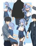  1boy 1girl ? ^^^ ako_(blue_archive) black_garter_straps black_gloves black_hair black_thighhighs blue_archive blue_eyes blue_hair blue_hairband breasts collar commentary_request faceless faceless_male garter_straps gloves hairband half_gloves hand_on_another&#039;s_head holding holding_collar hug large_breasts leash medium_hair multiple_views petting sensei_(blue_archive) short_hair spoken_question_mark standing thighhighs walking wasawa_(wsw_999) 