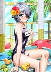  arm_support artist_request blue_eyes eyepatch flower hair_flower hair_ornament iri_flina name_tag one-piece_swimsuit orange_flower orange_rose palm_tree poolside red_flower red_rose rose rubber_duck school_swimsuit shiny silver_hair sitting solo swimsuit sword_girls tattoo tears tree turtle window yellow_flower yellow_rose 