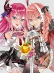  1boy 1girl apple astolfo_(fate) black_bow black_thighhighs blue_eyes blush bow braid breasts cape crown curled_horns detached_sleeves dragon_girl dragon_horns dress elizabeth_bathory_(fate) elizabeth_bathory_(fate/extra_ccc) emasrrkn fate/apocrypha fate/extra fate/extra_ccc fate/grand_order fate_(series) food fruit fur-trimmed_cape fur_trim garter_straps gauntlets golden_apple hair_bow hair_intakes hair_ribbon highres horns long_hair looking_at_viewer multicolored_hair open_mouth otoko_no_ko pink_hair pointy_ears purple_eyes red_cape ribbon single_braid smile streaked_hair sword thighhighs voice_actor_connection weapon white_cape white_hair 