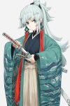  1girl drawing_sword earrings fate/samurai_remnant fate_(series) green_eyes grey_hair hakama haori highres holding holding_sword holding_weapon japanese_clothes jewelry kamo_ashi katana long_hair ponytail sword weapon white_hakama wide_sleeves yui_shousetsu_(fate) 