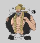  1boy abs animalization bandaid bandaids_on_nipples bare_pectorals blonde_hair blush braided_sidelock cropped_legs doodle_inset highres horns jack_(one_piece) large_pectorals long_hair male_focus mask mouth_mask muscular muscular_male nipples one_piece opened_by_self pasties pectorals pleading_eyes solo spoken_squiggle squiggle strongman_waist tearing_up wodon_(neotidon) 