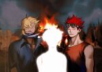  3boys blonde_hair burning denisefanta eustass_kid facial_hair floating_hair forest glowing goatee goggles goggles_on_head hair_over_one_eye highres killer_(one_piece) long_hair looking_at_viewer male_focus multiple_boys nature one_piece red_hair silhouette sleeveless spiked_hair toned toned_male upper_body 