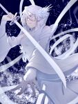  1girl bare_shoulders bleach bleach:_sennen_kessen-hen detached_sleeves dress eyelashes hair_between_eyes hakka_no_togame_(bankai) hhjr_3me highres holding holding_sword holding_weapon kuchiki_rukia long_bangs long_sleeves looking_at_viewer parted_lips ribbon short_hair snow solo sword weapon white_dress white_eyes white_hair white_ribbon wide_sleeves 