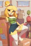 animal_crossing anthro bodily_fluids bottomwear breasts canid canine cleavage clothed clothing eraser footwear genital_fluids genitals gynomorph hi_res inside intersex isabelle_(animal_crossing) legwear looking_at_viewer mammal miniskirt neck_ribbon nintendo no_underwear open_mouth paws penis precum skirt smile thigh_highs toeless_footwear topwear waspsalad