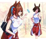  2girls animal_ears artistic_error bag bow breasts brown_hair can clothes_around_waist commentary_request commission daiwa_scarlet_(umamusume) gym_shirt gym_uniform hair_bow hair_intakes hair_over_one_eye highres horse_ears horse_girl horse_tail jacket jacket_around_waist large_breasts long_hair looking_at_another multiple_girls nerukichikatafukuma open_mouth pants red_bow red_eyes red_jacket red_pants school_bag shirt skeb_commission tail throwing tracen_training_uniform track_jacket track_pants twintails umamusume vodka_(umamusume) white_shirt 