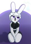 absurd_res anthro ashely_winters_(guak) big_breasts black_clothing bored bored_expression bottomwear breasts clothing eyelashes female fluffy fluffy_hair fur guak hair hi_res humanoid kneeling lagomorph leporid long_ears mammal open_mouth purple_eyes rabbit shirt shorts simple_background solo tank_top teeth tongue topwear white_body white_fur