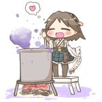  blush_stickers brown_hair chibi closed_eyes cooking detached_sleeves heart hiei_(kantai_collection) inishie kantai_collection ladle nontraditional_miko open_mouth pantyhose plaid pot short_hair sleeves_past_wrists smoke solo stirring wide_sleeves 