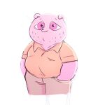 2024 anthro bear bottomwear clothing crocsushi_(artist) gordi_(unicorn_wars) male mammal mature_male overweight overweight_male pants pink_body pink_eyes shirt simple_background solo topwear unicorn_wars white_background