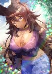  1girl animal_ear_fluff animal_ears blue_pants blurry blurry_background breasts brown_hair closed_mouth collarbone commentary_request commission dark-skinned_female dark_skin depth_of_field final_fantasy final_fantasy_xiv hair_between_eyes kou_hiyoyo large_breasts long_hair looking_at_viewer midriff navel pants purple_shirt shirt skeb_commission smile solo very_long_hair viera yellow_eyes 
