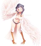  1girl abs absurdres albalebiyu_(master_nabesama) bare_shoulders bird_legs bird_tail breasts character_name detached_hood feathered_wings feathers full_body hair_between_eyes harpy highres hood hood_up master_nabesama medium_breasts micro_shorts midriff monster_girl muscular muscular_female navel one_eye_closed open_mouth original red_eyes short_hair shorts simple_background solo tail talons teeth upper_teeth_only white_background white_feathers white_hair winged_arms wings 