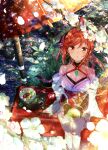  1girl :o black_gloves breasts chest_jewel cleavage commentary_request core_crystal_(xenoblade) detached_sleeves fingerless_gloves flower food fruit glimmer_(xenoblade) gloves highres holding japanese_clothes kimono long_hair looking_up nemu_(ut_kakinotane) petals pink_flower plant ponytail red_eyes red_hair sitting solo white_kimono xenoblade_chronicles_(series) xenoblade_chronicles_3 xenoblade_chronicles_3:_future_redeemed 