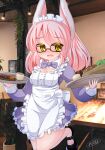  1girl animal_ears apron black_footwear blush commentary_request dress eyes_visible_through_hair frilled_apron frilled_dress frills glasses hair_over_one_eye highres holding holding_tray indoors juliet_sleeves kanijiru long_sleeves maid_headdress nose_blush open_mouth original photo_background pink_hair puffy_sleeves purple_dress rabbit_ears red-framed_eyewear shoes signature solo standing standing_on_one_leg swept_bangs tray white_apron yellow_eyes 