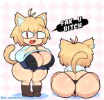 ahoge animal_humanoid big_breasts big_butt blonde_hair boots bottomwear bra breasts butt cat_humanoid cellulite clothed clothing english_text felid felid_humanoid feline feline_humanoid female footwear genitals hair hi_res huge_breasts huge_butt humanoid inner_ear_fluff looking_at_viewer mammal mammal_humanoid neco-arc profanity pussy raised_clothing raised_shirt raised_topwear red_eyes shirt sitting skirt solo somescrub speech_bubble text thick_thighs thong topwear tsukihime tuft type-moon underwear wide_hips