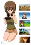  1girl belt black_headwear blue_sky breasts brown_belt brown_eyes brown_hair brown_panties brown_shorts buttons closed_mouth colored_skin cross day dress_shirt earbuds_around_neck emblem fog frown garrison_cap girls_und_panzer green_tank_top hair_between_eyes handheld_game_console hat highres holding holding_handheld_game_console holding_map itsumi_erika jacket kneeling kuromorimine_(emblem) kuromorimine_military_uniform lapel_pin lapels light_smile magazine_scan map mc_axis medium_breasts military military_hat military_uniform military_vehicle motor_vehicle nishizumi_maho non-web_source official_art on_vehicle panther_(tank) panties playstation_portable red_shirt red_trim scan school_uniform serious shirt short_hair shorts simple_background sky smoke smoke_trail solo sunset tank tank_top tiger_i tiger_ii translation_request underwear uniform white_skin 