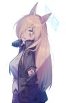  1girl animal_ear_fluff animal_ears black_gloves black_jacket blonde_hair blood blood_on_clothes blood_on_face blue_archive blue_eyes breasts cuts dog_ears extra_ears gloves glowing glowing_eye hair_over_one_eye halo highres injury jacket kanna_(blue_archive) long_hair looking_at_viewer necktie sharp_teeth solo teeth torn_clothes tosankaku 